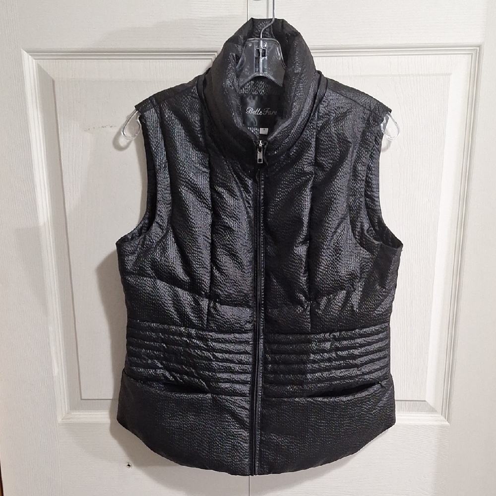 Belle Fare Women's Puffer Vest- Black Textured-M-Down